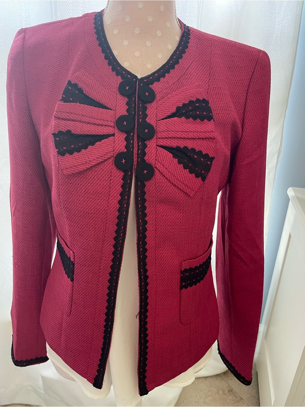 Nine West Wine fushia Bow-Front Tailored Jacket with Black Trim